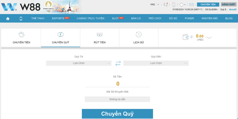 Chuyển quỹ là bước đầu tiên thành viên cần thực hiện trong hướng dẫn rút tiền W88